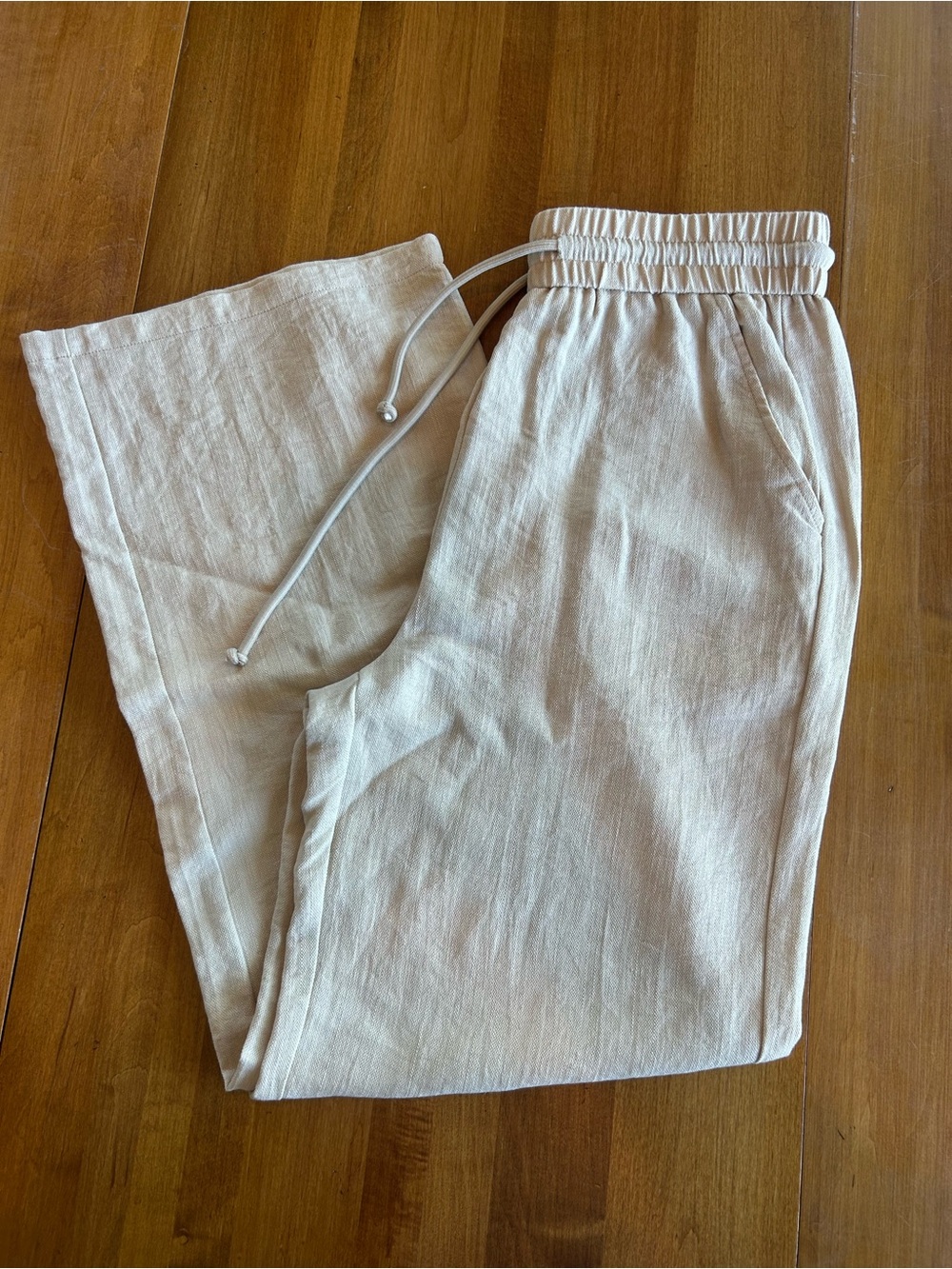 HALARA Wide-Leg Drawstring Linen Feel Pants — Light Beige